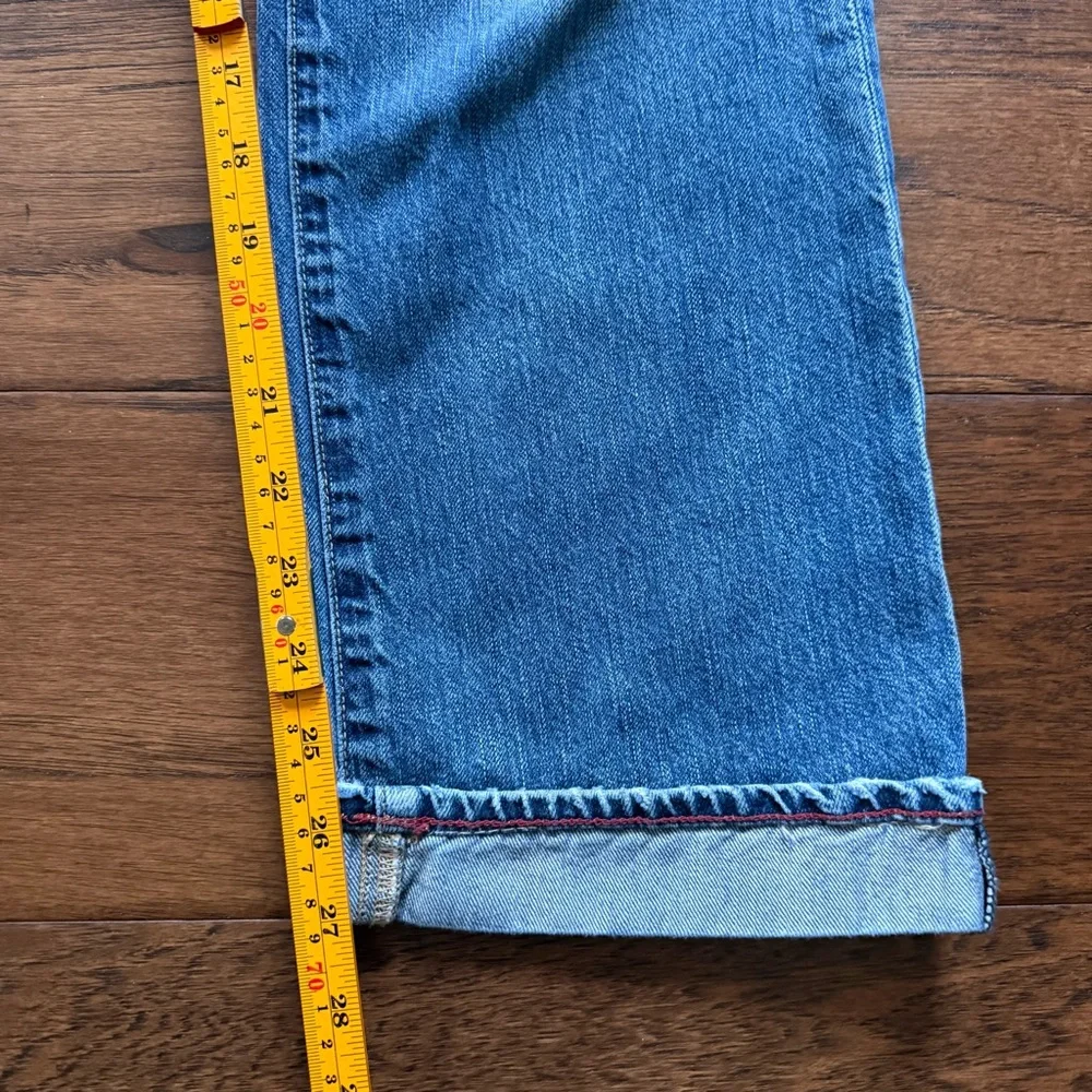 J Crew Vintage Rigid Denim Straight Leg Jeans Red Stitch Cuff Faded Indigo 31x27